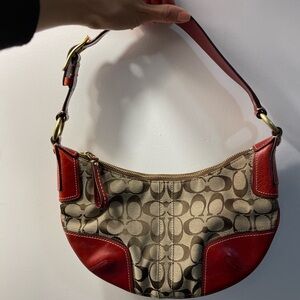 RARE Y2K Coach Brown canvas and Red leather Signature Hobo Bag